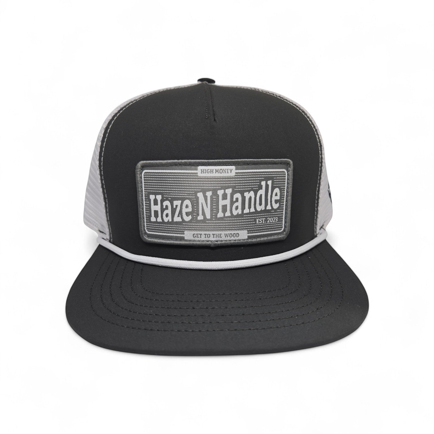 Haze N Handle black and gray trucker cap with rope detail and woven patch. Adjustable back.
