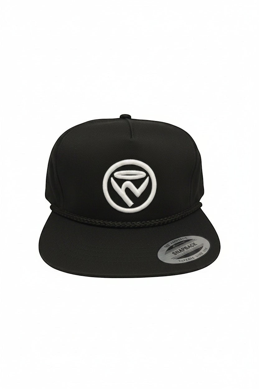 Haze N Handle black snapback hat with white embroidered logo on front and rope detail above brim.