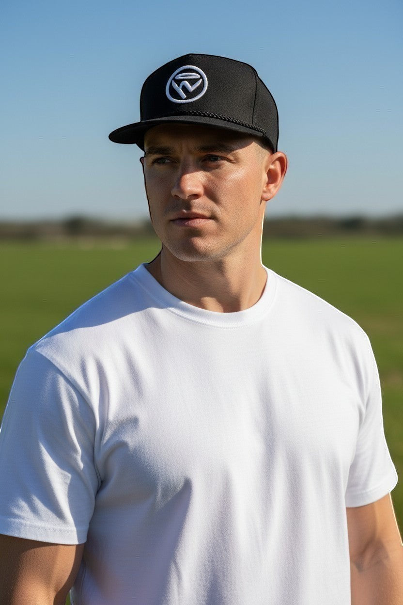 Haze N Handle black snapback hat with embroidered white logo on front and rope detail above brim.