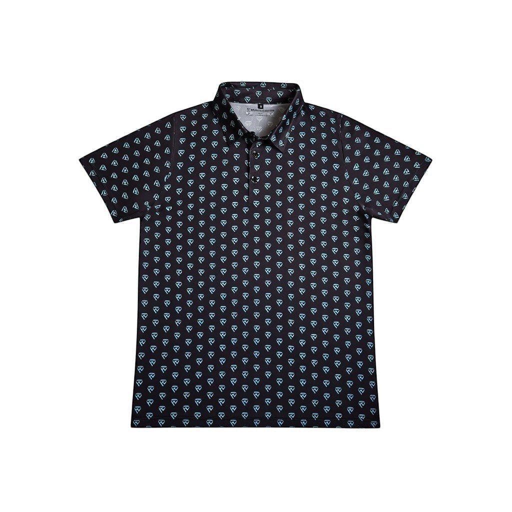 Haze N Handle black short-sleeve unisex polo with all-over teal icon print, classic collar, and button placket.