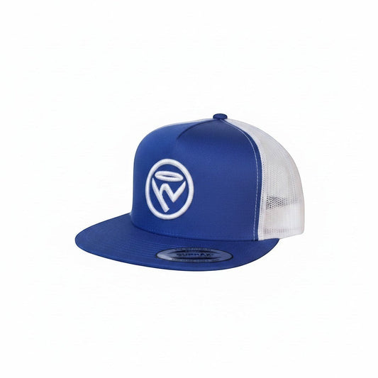 Haze N Handle blue trucker hat with white mesh back and embroidered white logo on the front.
