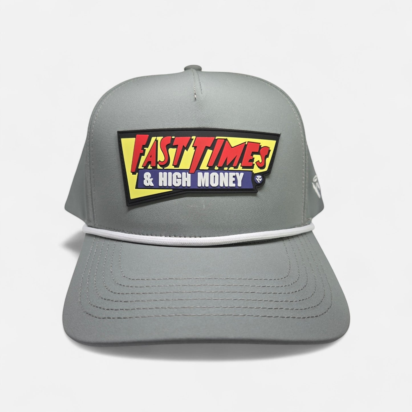 Haze N Handle Fast Times & High Money rope cap in stone gray with white rope detail and a bold red, yellow, and blue patch.