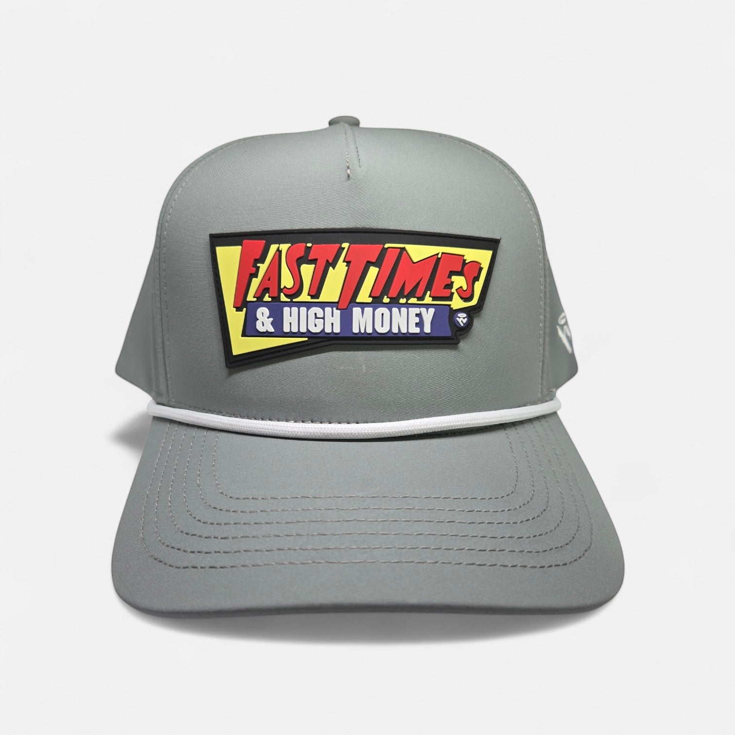 Haze N Handle Fast Times & High Money rope cap in stone gray with white rope detail and a bold red, yellow, and blue patch.