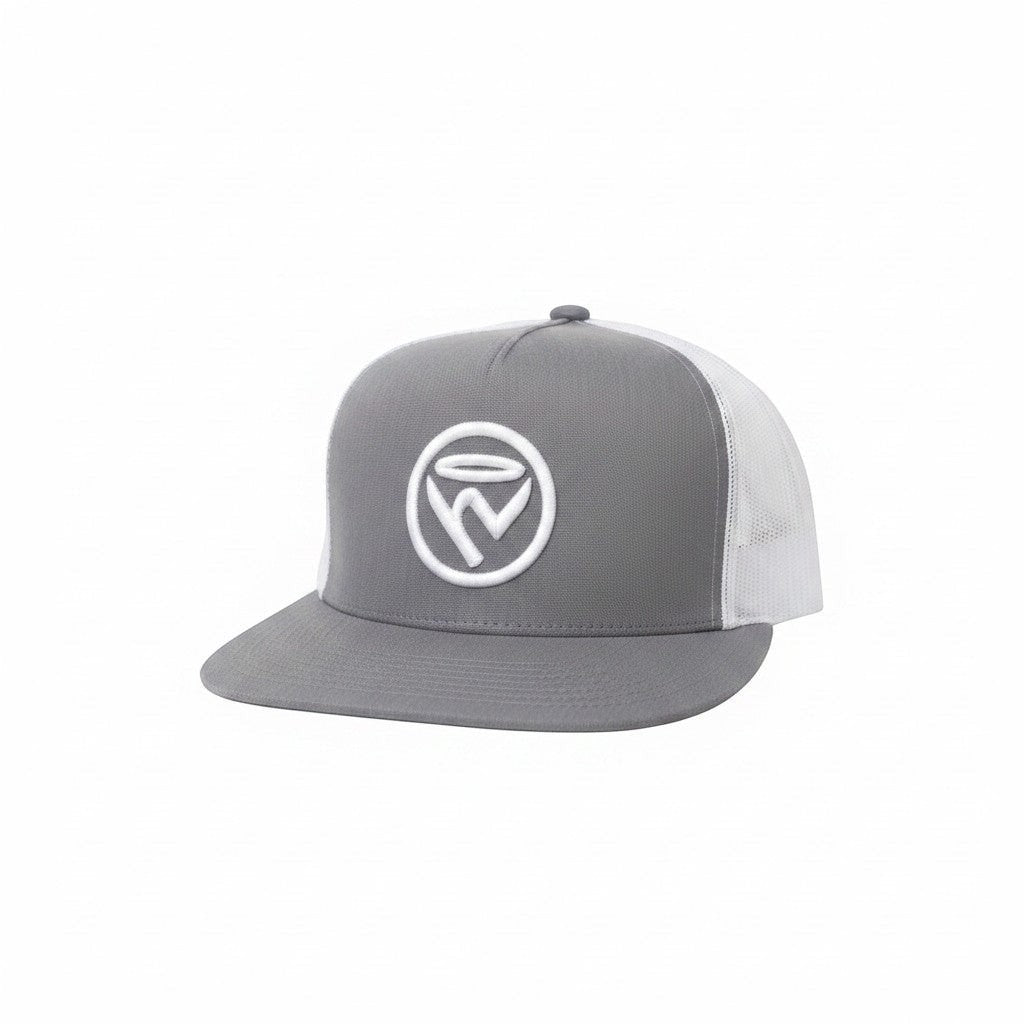 Haze N Handle grey trucker hat with white embroidered logo on front and white mesh back.