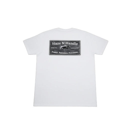 Haze N Handle white cotton t-shirt with crew neck and short sleeves, featuring a large back graphic with a steer and "Power. Patience. Precision."