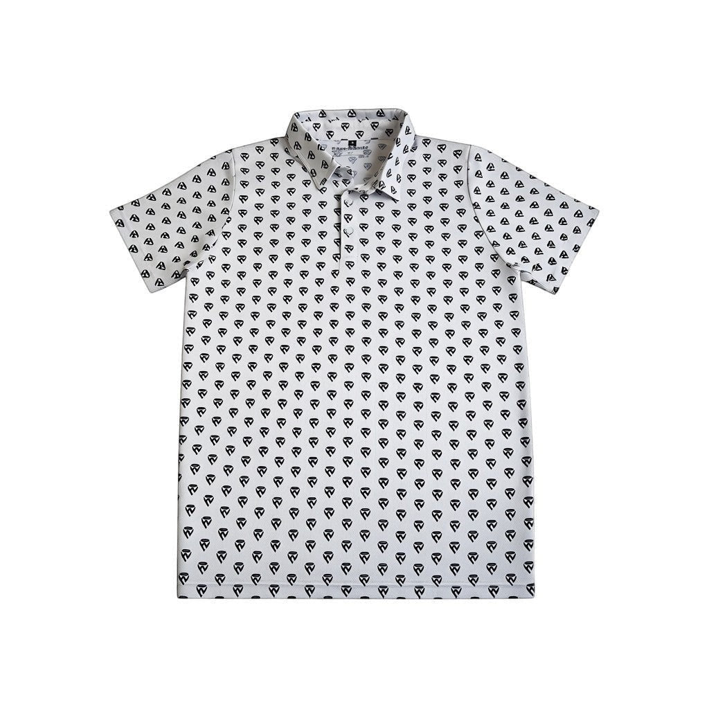 Haze N Handle unisex white short-sleeve polo shirt with all-over black icon print and classic collar.