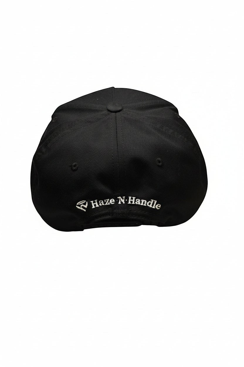 Black Haze N Handle embroidered logo snapback hat with adjustable closure and flat brim.