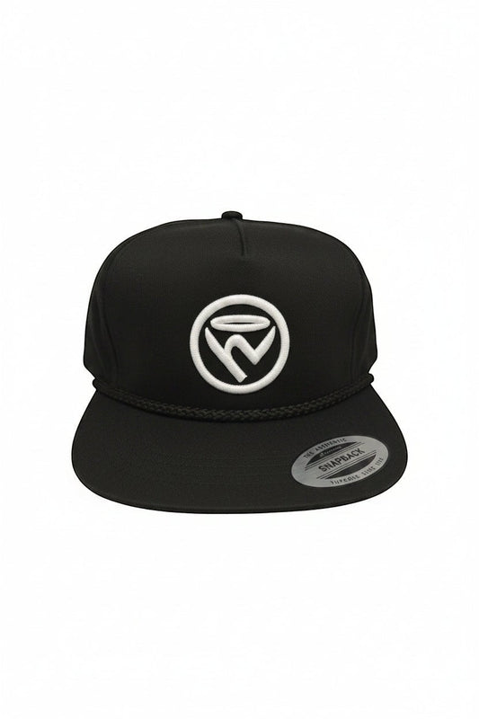 Haze N Handle black snapback hat with embroidered white logo on front and rope detail above brim.
