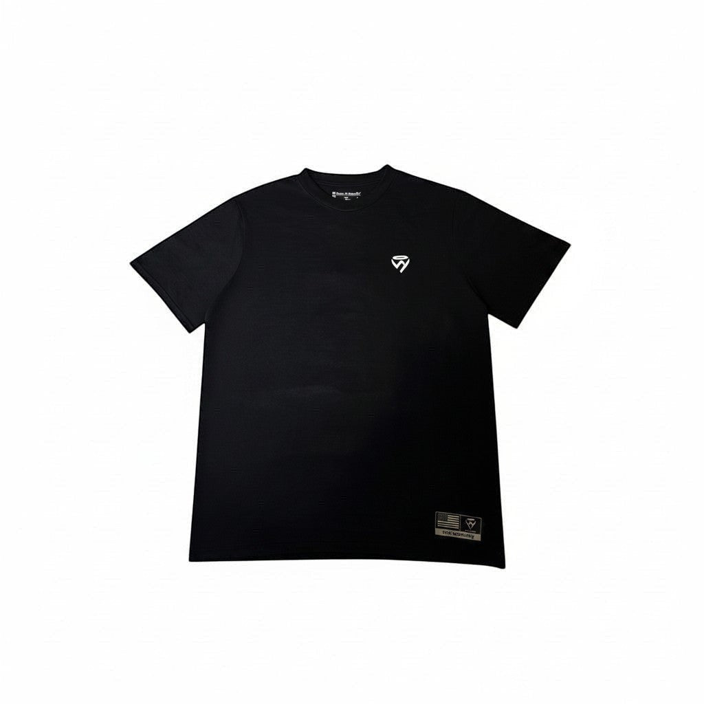 Haze N Handle black cotton t-shirt with small chest logo, sleeve branding, and vintage badge graphic on back.