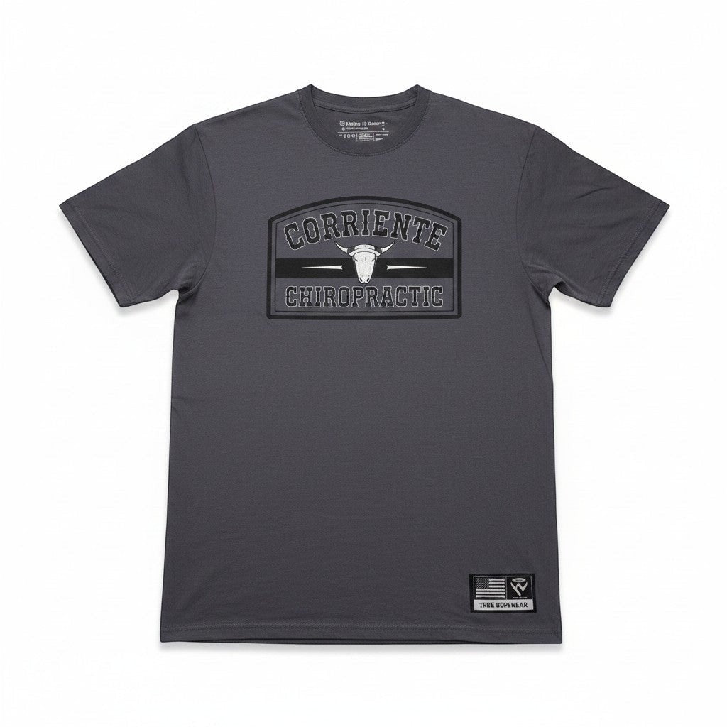 Haze N Handle Corriente Chiropractic unisex t-shirt in dark grey with a bull logo and text graphic.