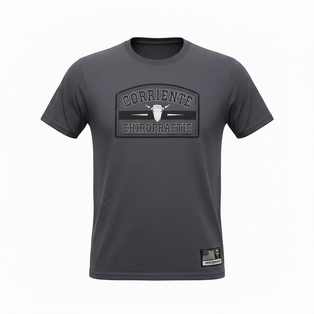 Haze N Handle unisex dark grey t-shirt with Corriente Chiropractic logo featuring a bull skull.