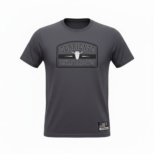 Haze N Handle unisex dark grey t-shirt with Corriente Chiropractic logo featuring a bull skull.