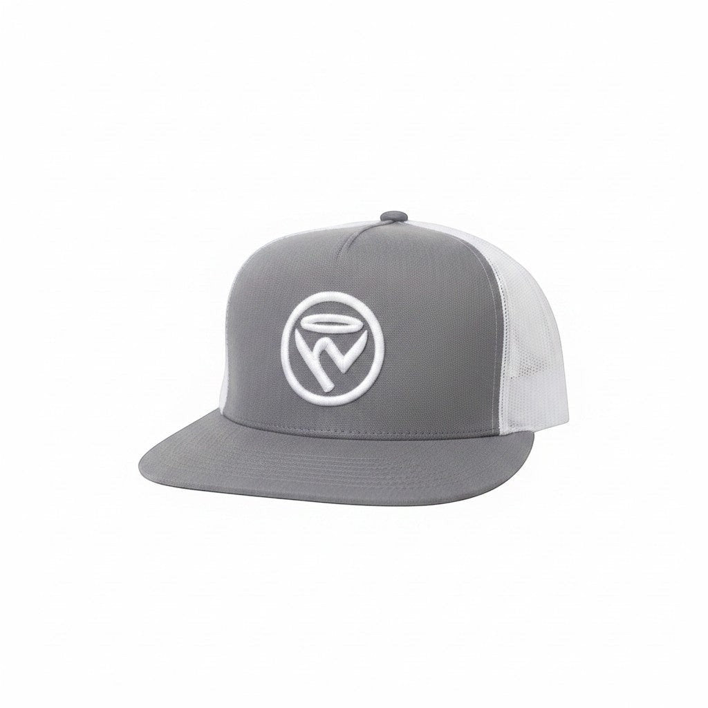 Haze N Handle grey trucker hat with white embroidered logo on front and white mesh back.