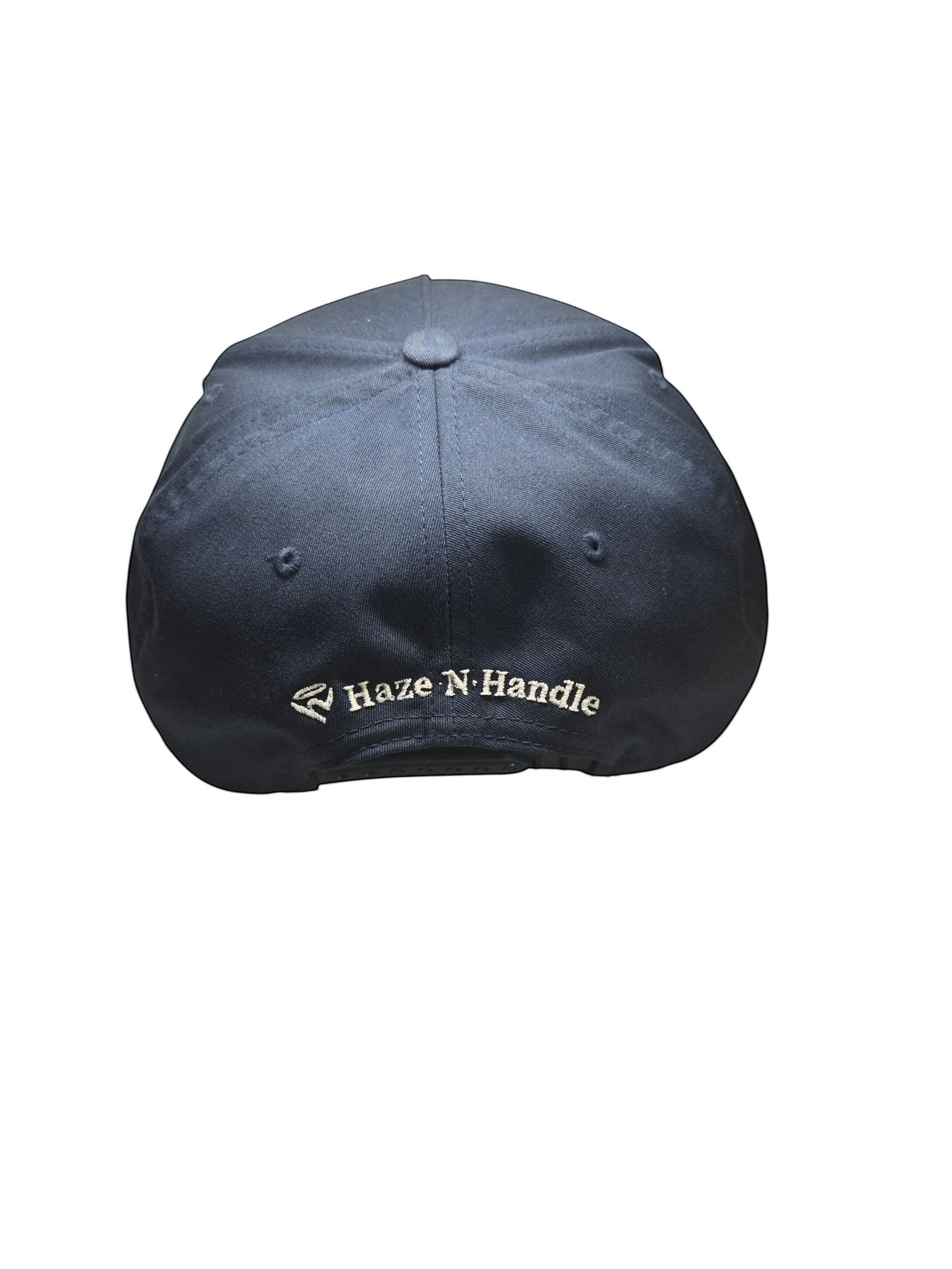 Haze N Handle navy blue flat brim rope hat with embroidered logo on back. Structured crown, snapback closure.