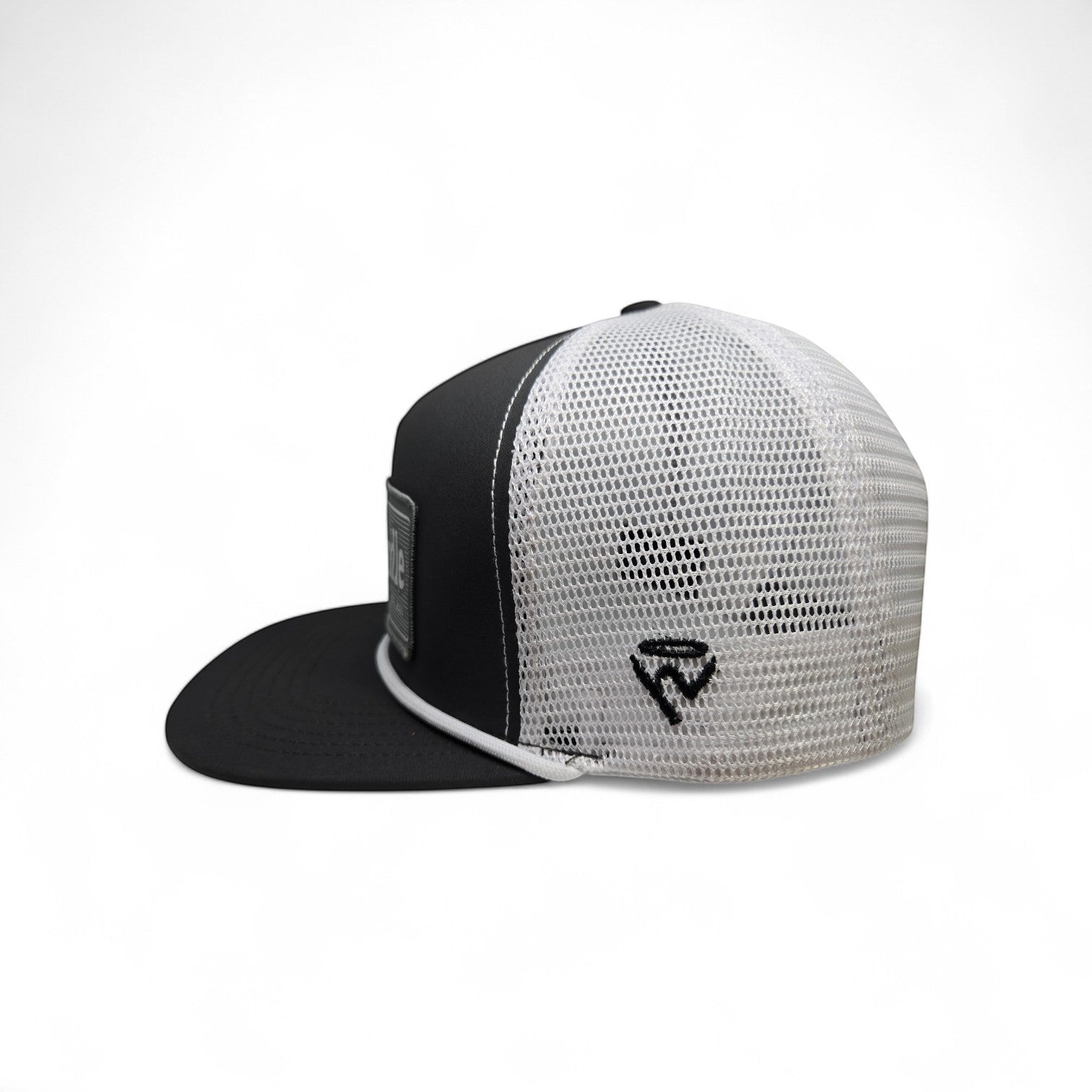 Haze N Handle black and gray trucker cap with mesh back, rope detail on brim, and woven patch.