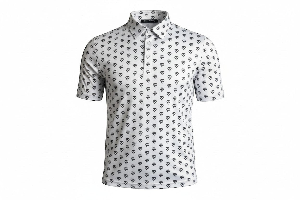 Haze N Handle white short-sleeve polo shirt with all-over black icon print, classic collar, and button placket.