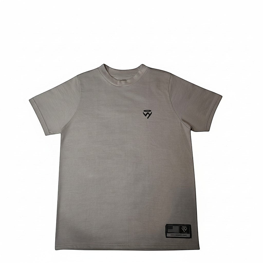 Haze N Handle unisex gray cotton tee with crew neck, short sleeves, small chest logo, and woven hem label.