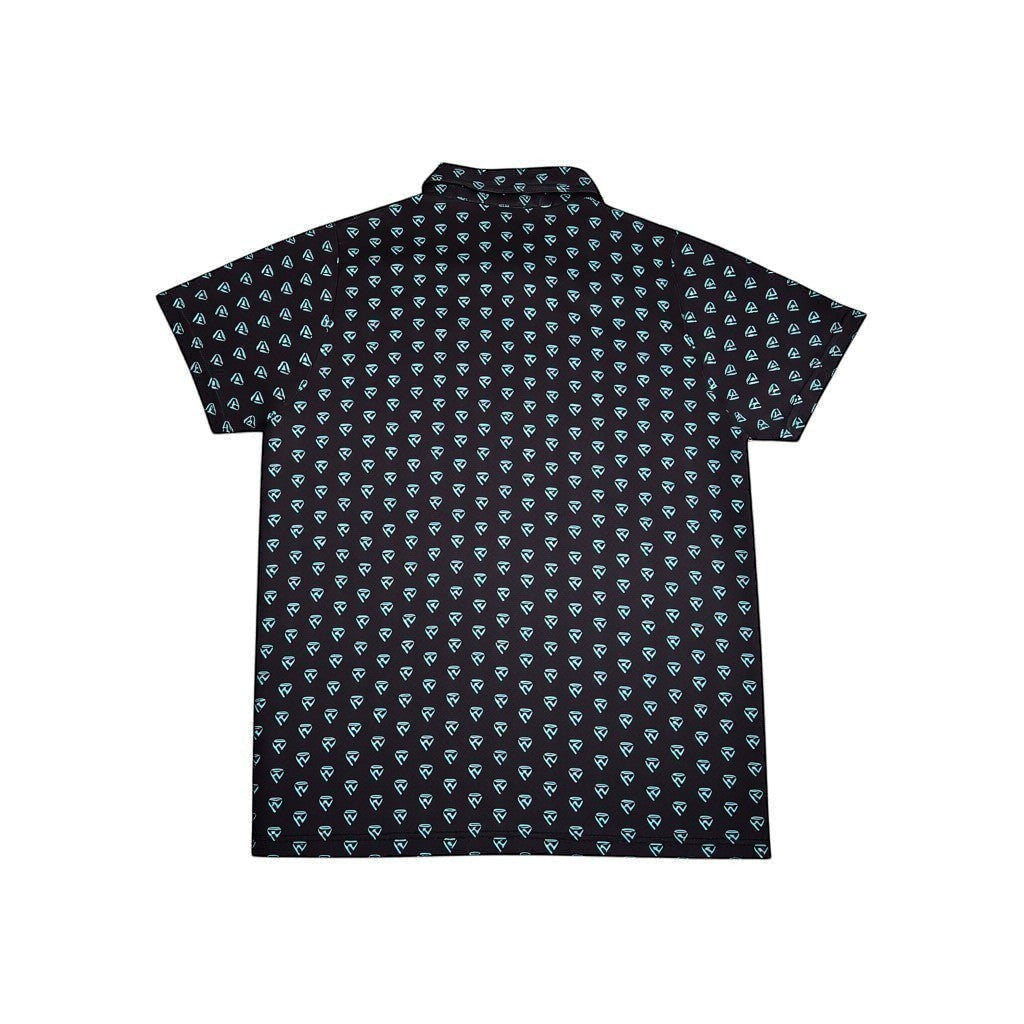 Haze N Handle black short-sleeve unisex polo shirt with all-over teal icon print and classic collar.