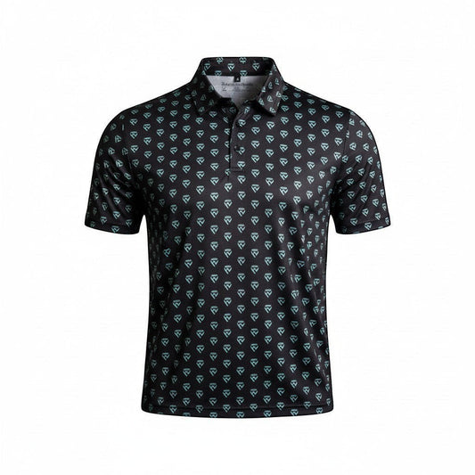 Haze N Handle black short-sleeve polo with all-over teal icon print, classic collar, and button placket.