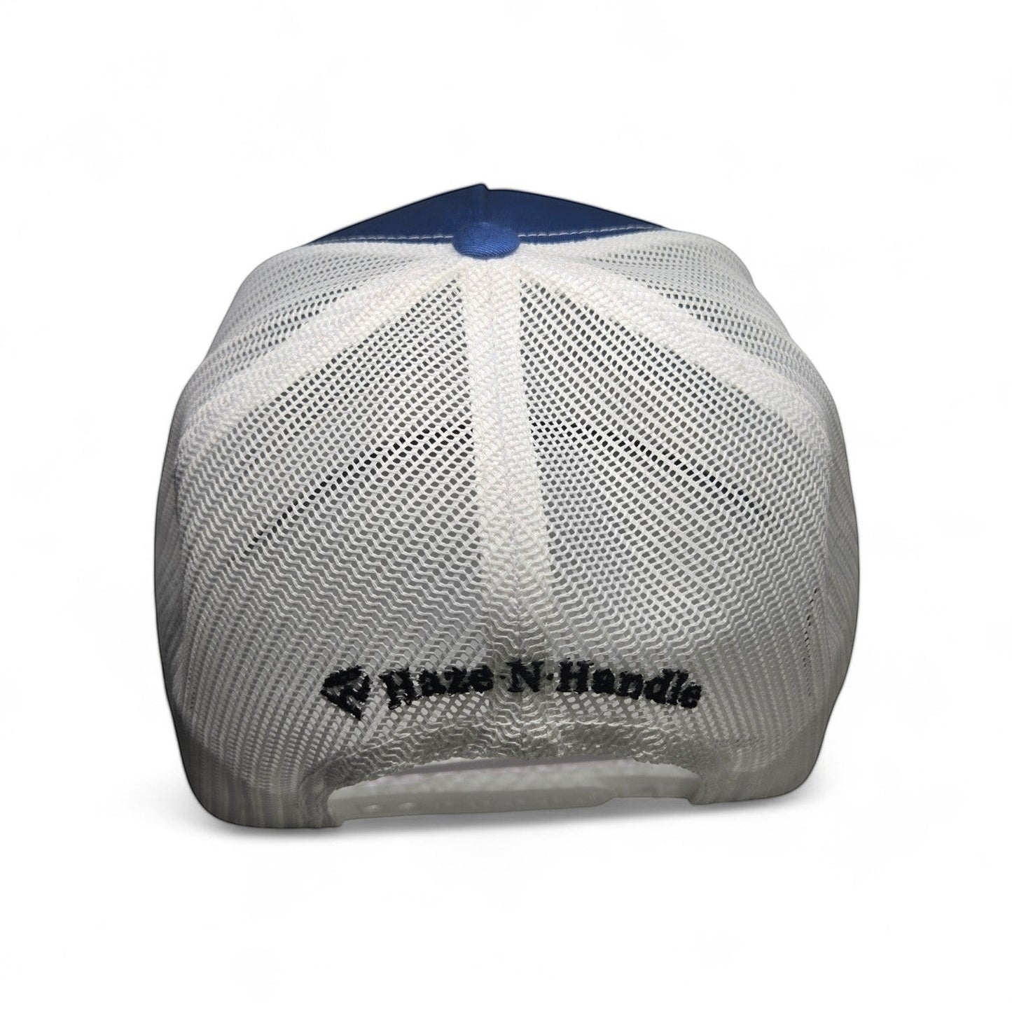 Haze N Handle blue trucker hat with white mesh back and embroidered logo