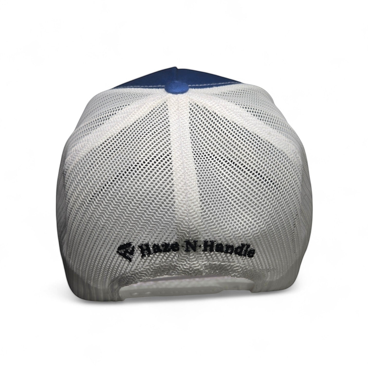 Haze N Handle blue trucker hat with white mesh back and embroidered logo