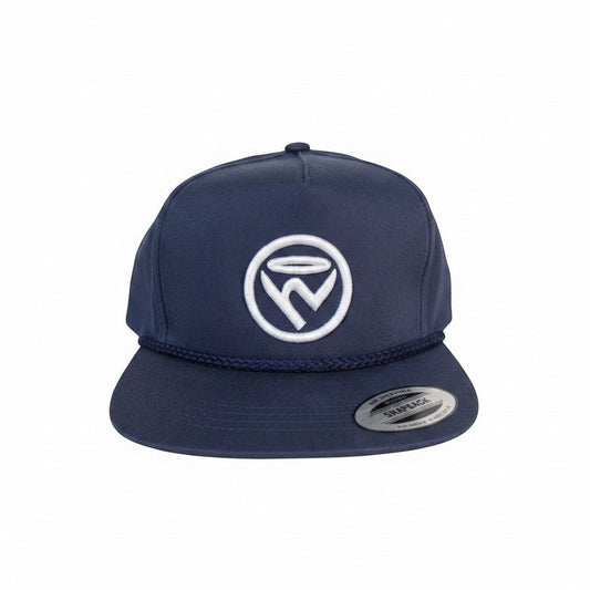 Haze N Handle navy blue flat brim rope hat with white embroidered logo on front. Snapback style.
