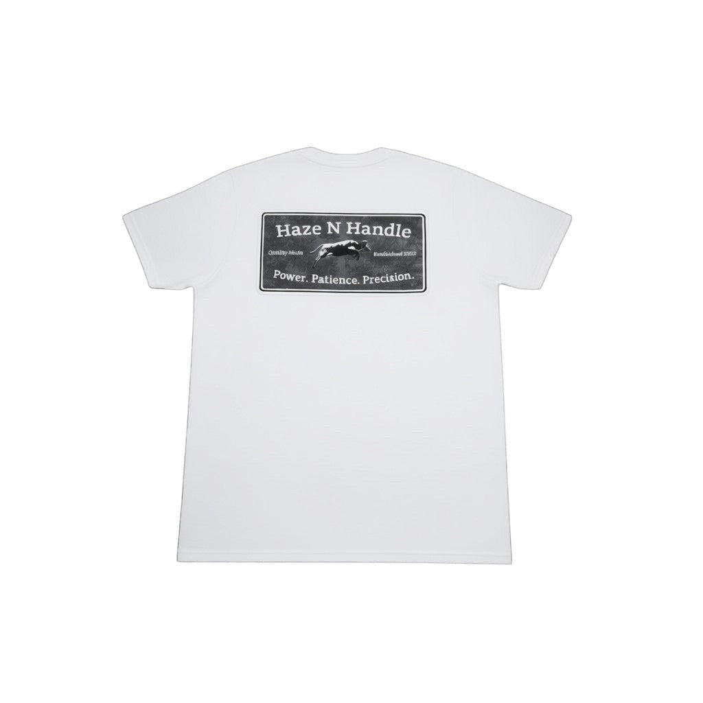 Haze N Handle white cotton crew neck t-shirt with a large black graphic on the back featuring a steer and the text Power. Patience. Precision.