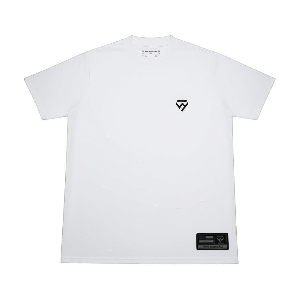 Haze N Handle white cotton crew neck t-shirt with black chest logo and back graphic.