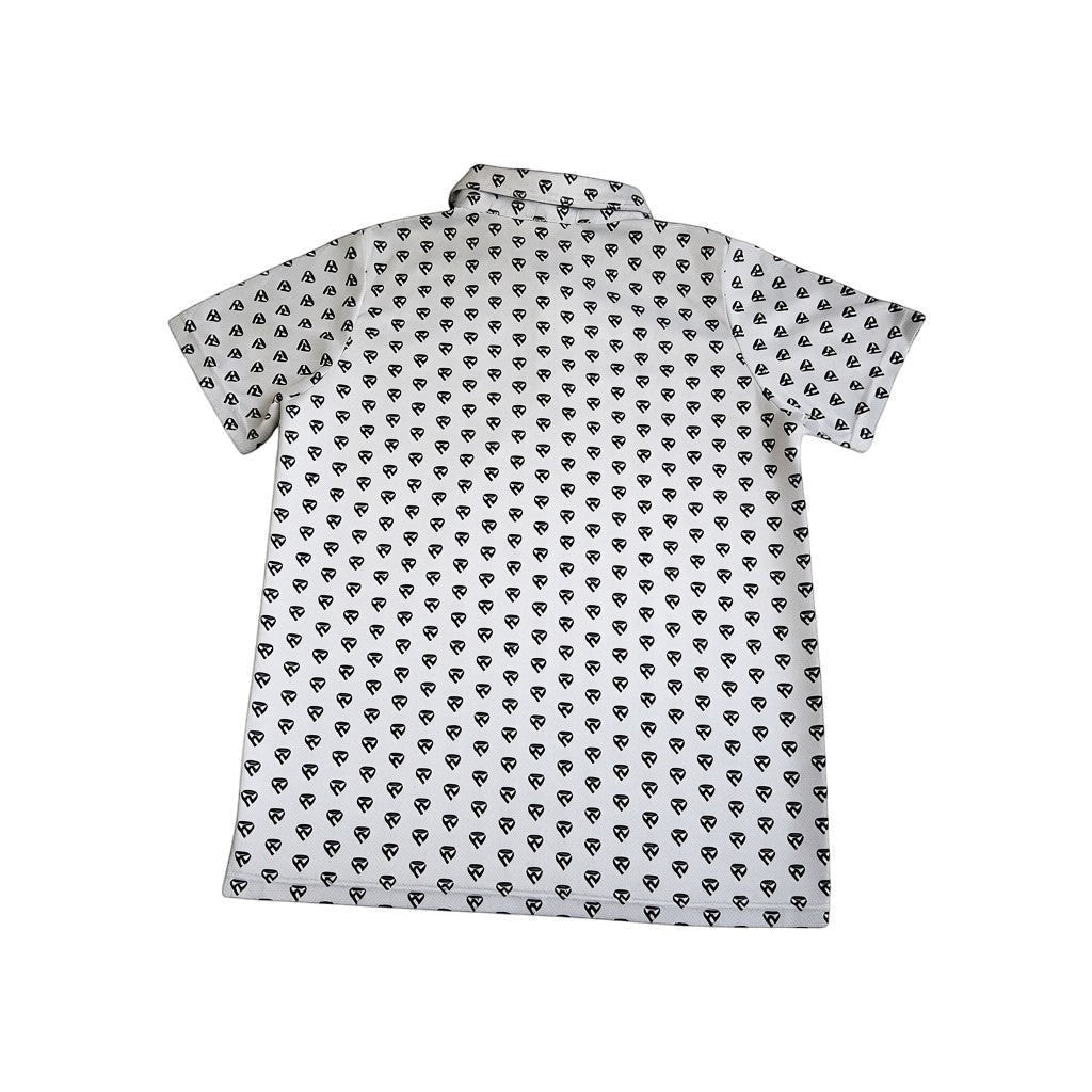 Haze N Handle unisex white short-sleeve polo shirt with all-over black icon print and classic collar.