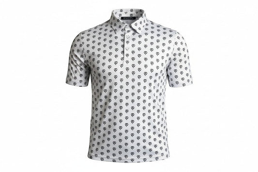Haze N Handle white short-sleeve polo shirt with all-over black icon print and classic collar.