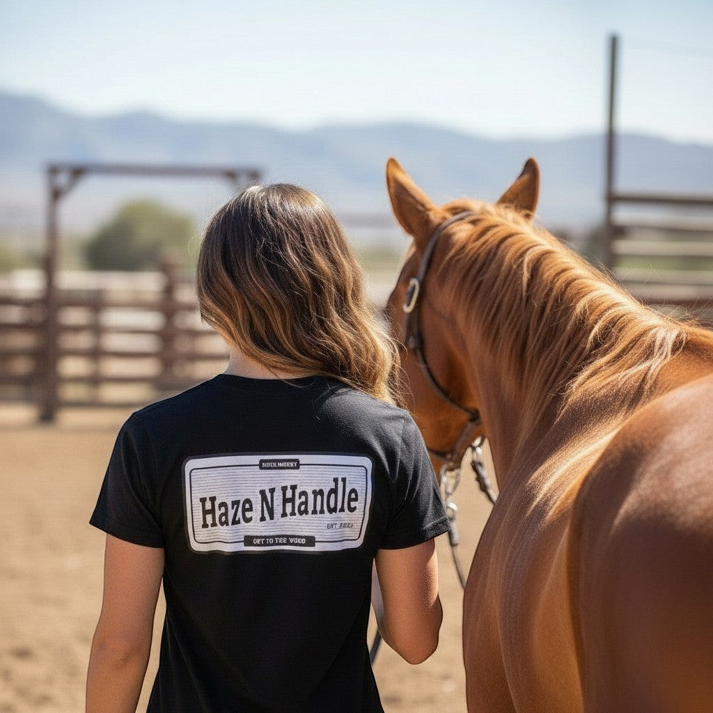 Black cotton t-shirt with a large vintage Haze N Handle badge graphic on the back and small sleeve branding. Model standing next to a horse.