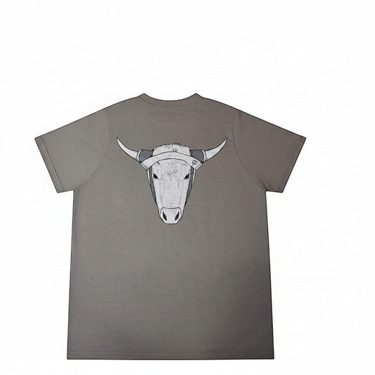 Haze N Handle gray cotton unisex tee with crew neck and short sleeves, featuring a large silver steer head graphic on the back.