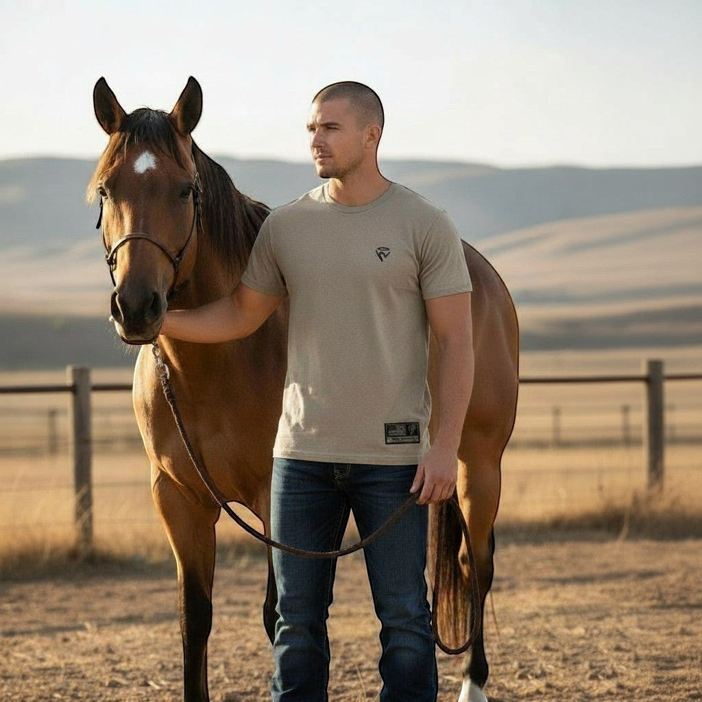 Haze N Handle unisex gray crew neck t-shirt with small chest logo and steer head graphic on back.