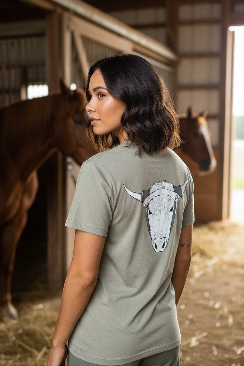 Haze N Handle unisex gray cotton tee with steer head graphic on back and small chest logo.