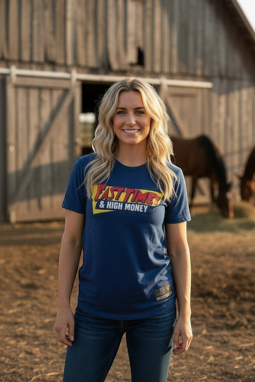 Haze N Handle navy blue unisex tee with yellow and red "Fast Times & High Money" graphic, crew neck, short sleeves, and woven hem label.