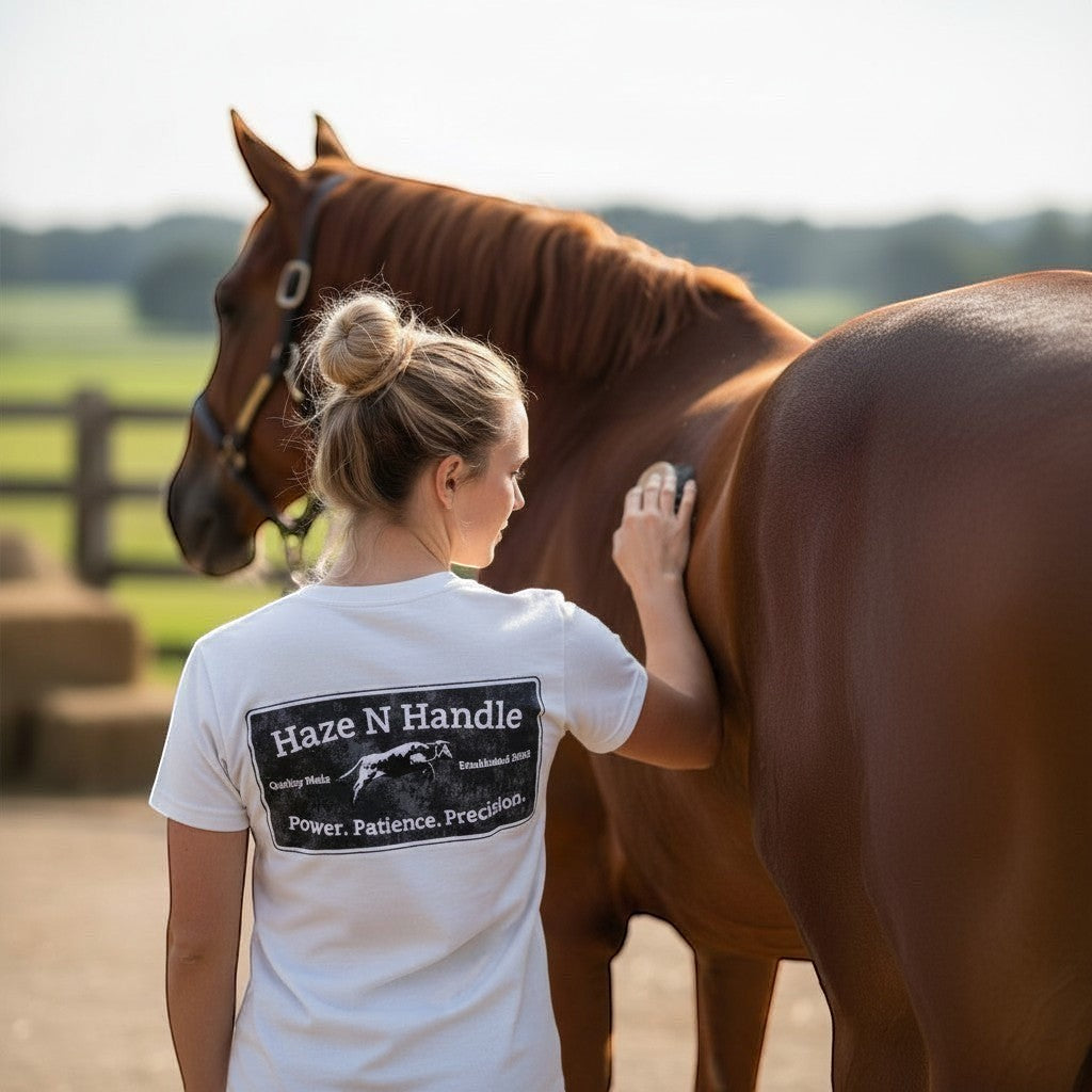 Haze N Handle white cotton unisex t-shirt with large back graphic and crew neck, worn by a woman brushing a horse.